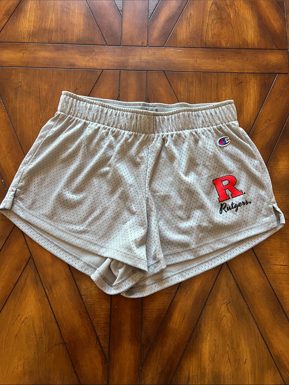 Champion Women's Light Gray Mesh Athletic Shorts with Red Rutgers R